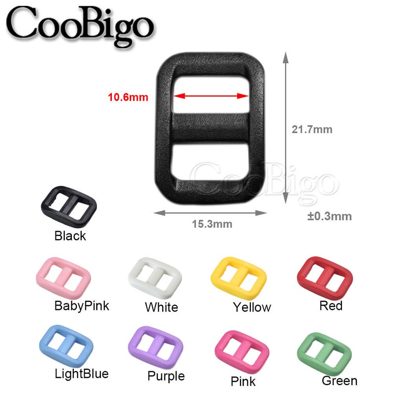 May include: Assortment of plastic slider buckles in various colors, including black, baby pink, white, yellow, red, light blue, purple, pink, and green. The buckles measure approximately 1.53 inches in width and 0.85 inches in height.