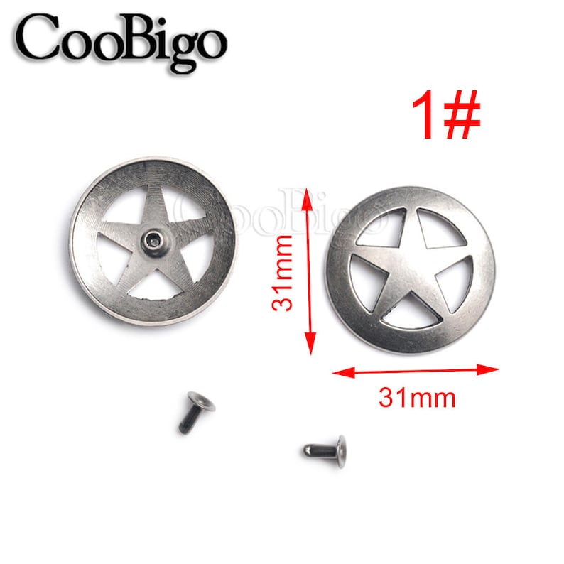 May include: Two silver metal star-shaped embellishments with a 31 mm diameter. Each embellishment has a five-pointed star cut out in the center. The embellishments are shown with two silver metal rivets.