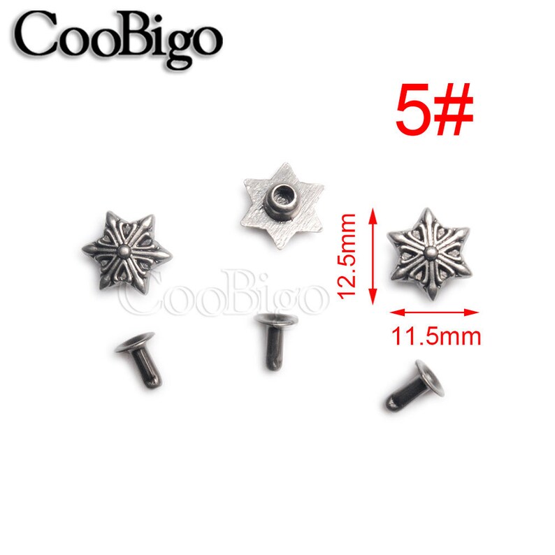 May include: Silver metal star-shaped studs with a decorative design. The studs are 1.25 inches in diameter and 11.5 inches wide.  The studs come with two silver metal posts.