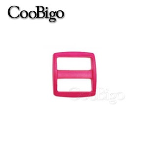 May include: A bright pink plastic slider buckle with two horizontal bars. The buckle is a common accessory for straps, bags, and clothing.