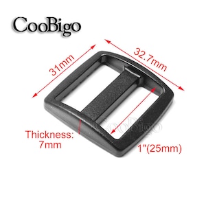 May include: Black plastic slider buckle with dimensions of 1 inch (25 mm) by 32.7 mm by 31 mm and a thickness of 7 mm.