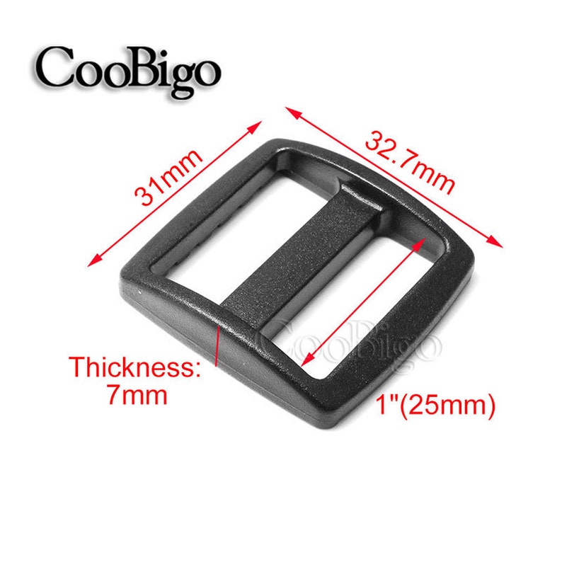May include: Black plastic slider buckle with dimensions of 1 inch (25 mm) by 32.7 mm by 31 mm and a thickness of 7 mm.