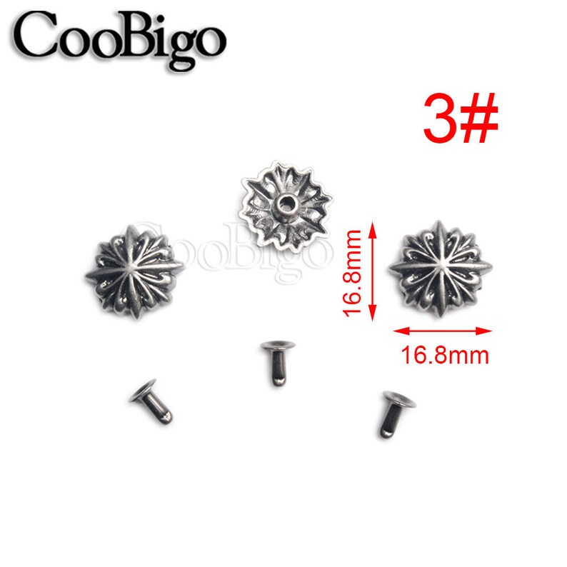 May include: Silver metal star-shaped studs with a diameter of 1.68 inches. The studs are shown with their corresponding posts. The image also includes the text "3#" and "CooBigo".