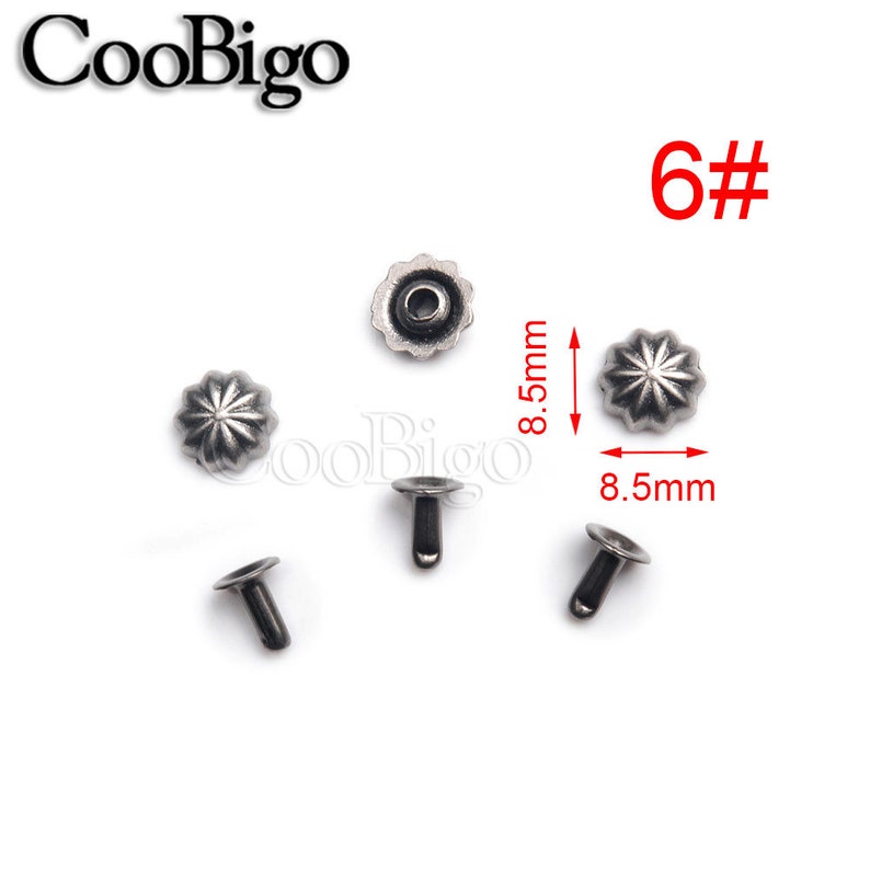 May include: Silver metal rivets with a starburst design. The rivets are 8.5 mm in diameter and come in a pack of 6.  6#