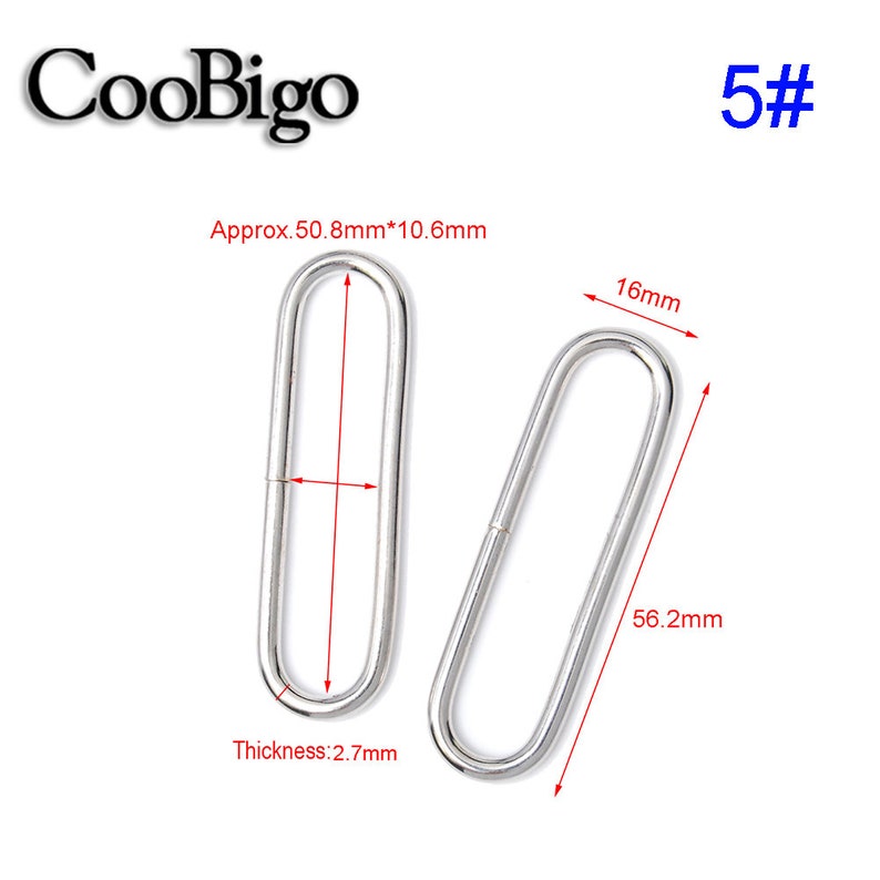 May include: Two silver-colored, oval-shaped metal loops. The dimensions are approximately 2 inches by 0.4 inches, with a thickness of 0.1 inches. One loop is measured at 2.2 inches in length. The number "5#" is in blue.