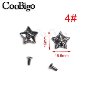 May include: Two silver metal star-shaped studs with a decorative design. The studs are 16.5 mm wide and 16 mm tall. The image also shows two silver metal rivets.