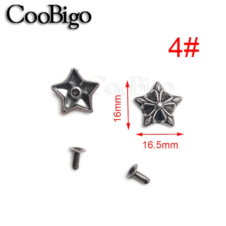 May include: Two silver metal star-shaped studs with a decorative design. The studs are 16.5 mm wide and 16 mm tall. The image also shows two silver metal rivets.