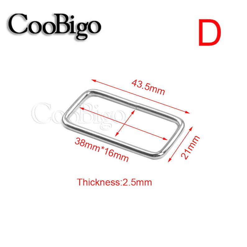 May include: A silver-colored rectangular metal buckle with dimensions of 43.5mm x 21mm and a thickness of 2.5mm. The buckle has a rectangular opening of 38mm x 16mm. The word "D" is in red in the upper right corner.