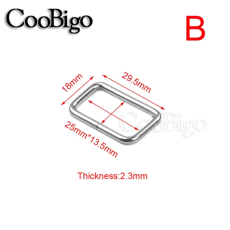 May include: A rectangular metal buckle with rounded corners. The buckle measures 29.5mm long, 25mm wide, 18mm high, and 13.5mm across the inside. The thickness is 2.3mm. The letter "B" is in red in the upper right corner.