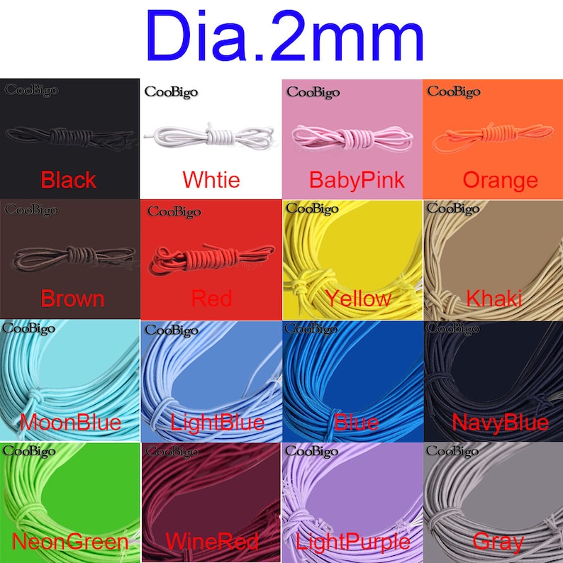 Peut inclure: Une collection de 12 bobines de cordon &eacute;lastique de 2 mm de diam&egrave;tre en diff&eacute;rentes couleurs, notamment noir, blanc, rose p&acirc;le, orange, marron, rouge, jaune, kaki, bleu clair, bleu, bleu marine, vert n&eacute;on, rouge vin, violet clair et gris.