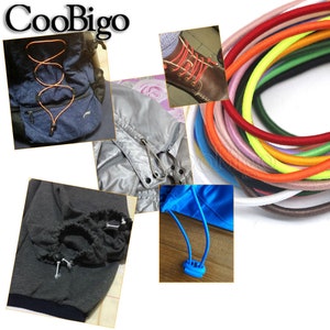 May include: A variety of colorful elastic shoelaces with metal tips. The shoelaces are shown in a variety of colors, including red, orange, yellow, green, blue, purple, pink, and white. The shoelaces are shown in a variety of applications, including on a backpack, a pair of shoes, and a piece of clothing.