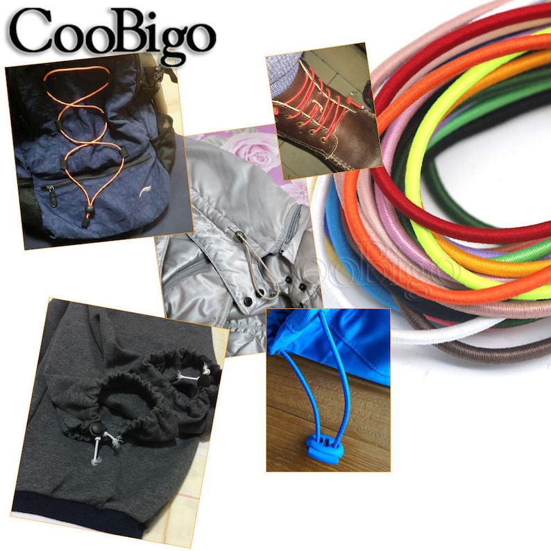 May include: A variety of colorful elastic shoelaces with metal tips. The shoelaces are shown in a variety of colors, including red, orange, yellow, green, blue, purple, pink, and white. The shoelaces are shown in a variety of applications, including on a backpack, a pair of shoes, and a piece of clothing.