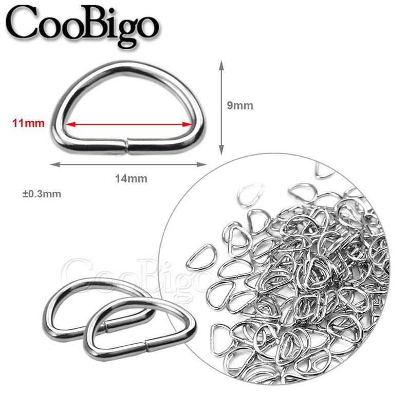 May include: Silver D-ring hardware for crafts and DIY projects. The rings are 14mm long, 9mm wide, and 11mm in diameter. The package includes a bulk quantity of D-rings.