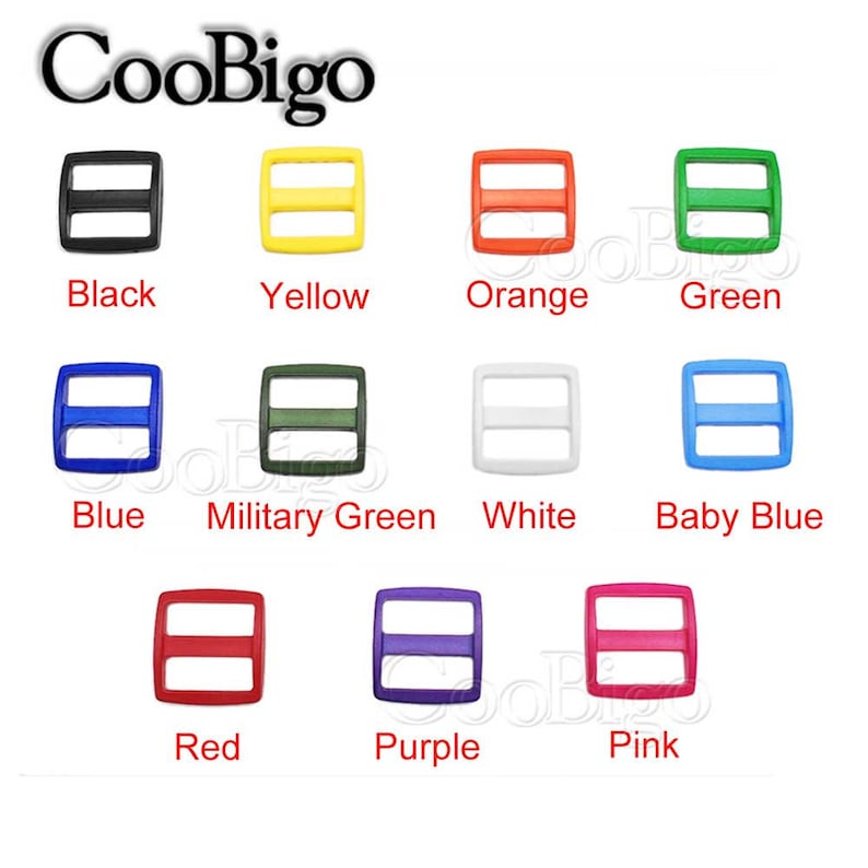 May include: Assortment of plastic slider buckles in various colors, including black, yellow, orange, green, blue, military green, white, baby blue, red, purple, and pink.