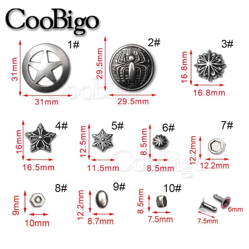 May include: Assortment of 10 silver metal decorative studs in various shapes and sizes, including stars, spiders, and hexagons. The studs are labeled with numbers 1 through 10 and their corresponding dimensions in inches.
