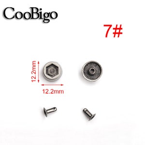 May include: Silver-toned metal rivets with a hexagonal head and a round base. The rivets are 12.2 mm in diameter and 12.2 mm in height. The rivets are labeled "7#" in the image.