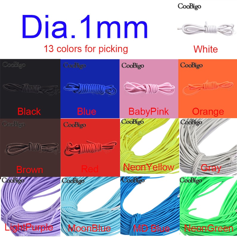 Peut inclure: Un choix de 13 couleurs de cordon &eacute;lastique de 1 mm, comprenant blanc, noir, bleu, rose p&acirc;le, orange, marron, rouge, jaune fluo, gris, violet clair, bleu lune, bleu marine et vert fluo.