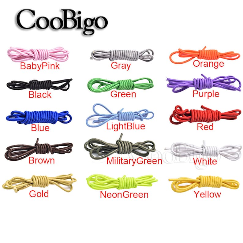 May include: A variety of colors of elastic shoelaces, including baby pink, gray, orange, black, green, purple, blue, light blue, red, brown, military green, white, gold, neon green, and yellow.