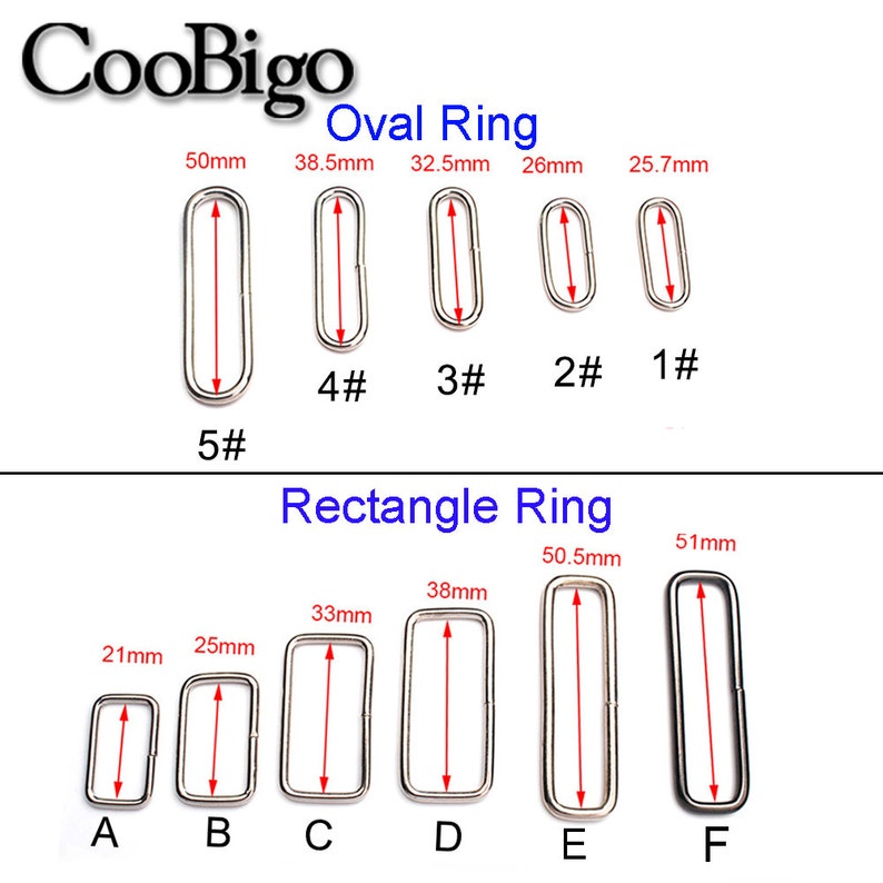 May include: A collection of silver-colored oval and rectangular rings, with measurements in millimeters. The rings are labeled with sizes and dimensions, ranging from 21mm to 51mm in length. The image includes the text "CooBigo", "Oval Ring", and "Rectangle Ring".