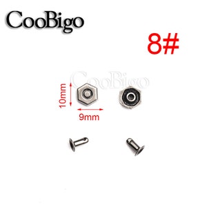 May include: Silver metal rivets with a hexagonal head, measuring 9mm in diameter and 10mm in height. The rivets are shown with their corresponding posts. The image also includes the text "8#" in red.
