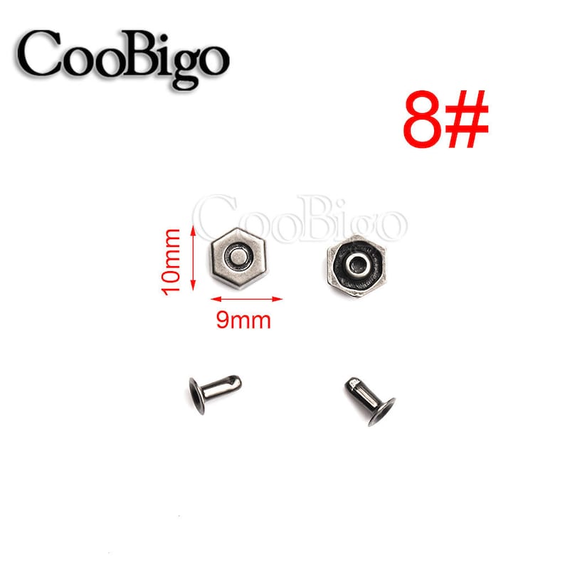 May include: Silver metal rivets with a hexagonal head, measuring 9mm in diameter and 10mm in height. The rivets are shown with their corresponding posts. The image also includes the text "8#" in red.