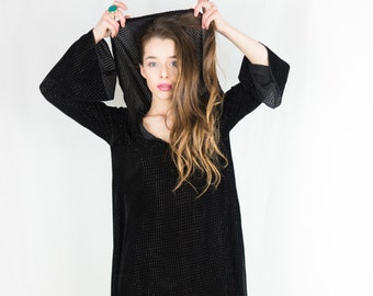 Olivia Black Velvet Hooded Bell Sleeve Tunic Dress