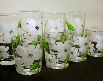 Federal Glass Dogwood Hand Painted Tumblers Mid Century Retro Vintage (Set of 8)