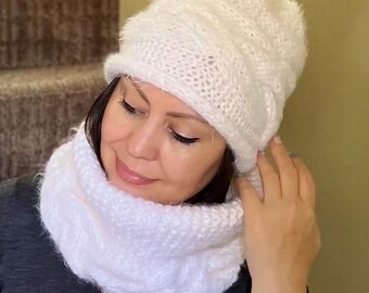 Super Soft and Warm White Knitted Hat and Snood Set