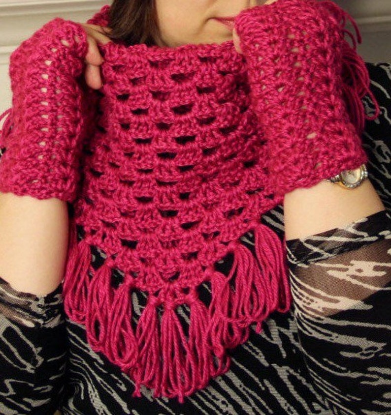 Hot Pink Crocheted Set of Baktus/wrap/shawl, Fingerless Mittens, and