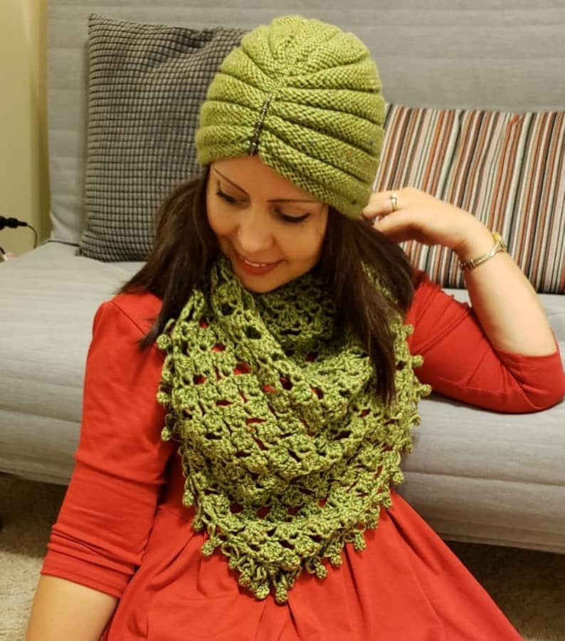 Olive Green Turban Hat and Lacy ShawlBaktus