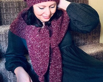 Burgundy Baktus Scarf and Hat Set in a Trendy Style