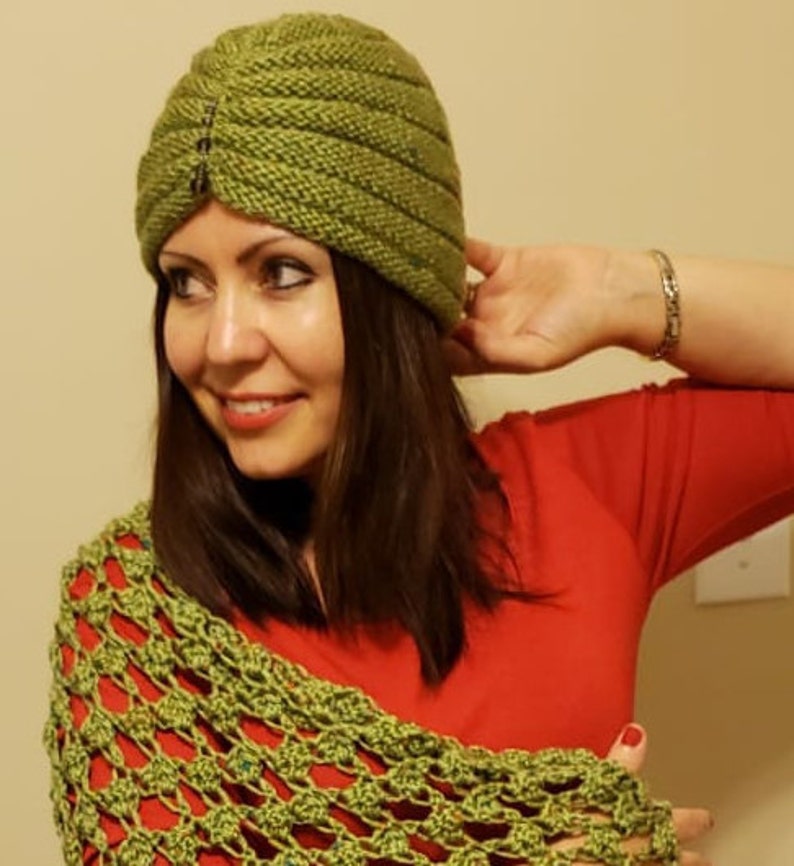 Olive Green Turban Hat and Lacy ShawlBaktus