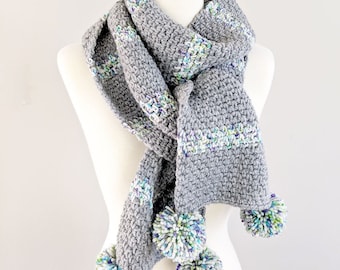 CROCHET PATTERN, Crochet Scarf Pattern, Crochet Moss Stitch Scarf Pattern, Moss Stitch Scarf with Pom Poms Pattern - PDF Download