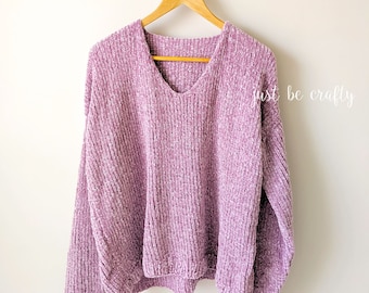 KNITTING PATTERN, Velvet Slouchy V-Neck Knit Sweater Pattern PDF Download