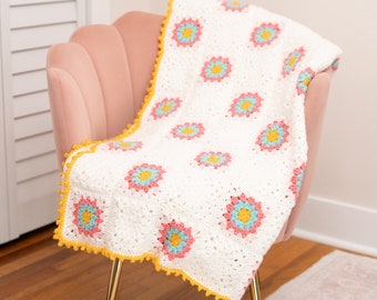 Crochet Granny Square Blanket Pattern and Video, Circle Crocheted Squares Throw, Colorful Afghan, pdf