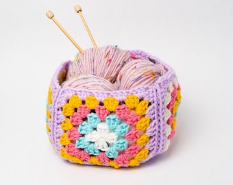 Crochet Granny Square Basket Pattern, Easy Crocheted Squares Storage Bin for Yarn Stash, Pdf