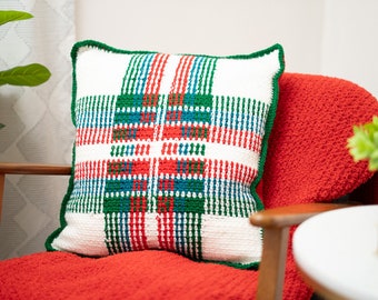 CROCHET PATTERN Crochet Holiday Plaid Pillow Pattern, A Crochet Christmas Pillow Pattern, PDF Download