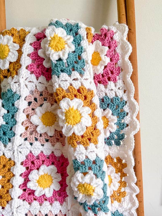 3D Daisy Crochet Blanket Pattern, Beginner Flower Granny Square Afghan, Baby and Throw, pdf