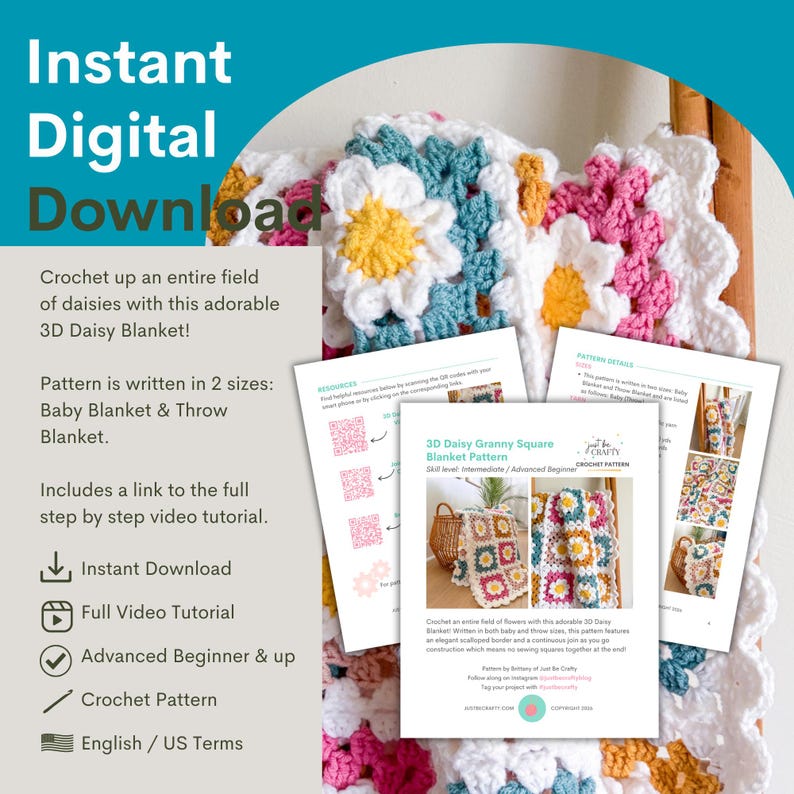 May include: A crochet pattern for a 3D daisy blanket. The blanket features colorful daisy squares in white, yellow, pink, and teal. The pattern is available in two sizes, baby blanket and throw blanket. The text "Instant Digital Download" is at the top.
