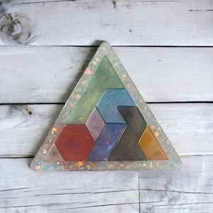Triangle puzzle game, floral, block colors resin, travel game, mind boggling, educational, challenging