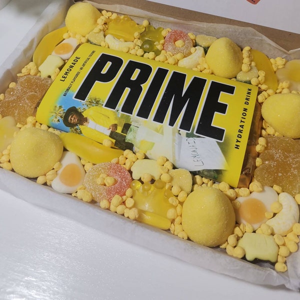 Prime chocolate bar available in 10 colours, including new lemonade, also available with pic n mix sweets, free personalisation.