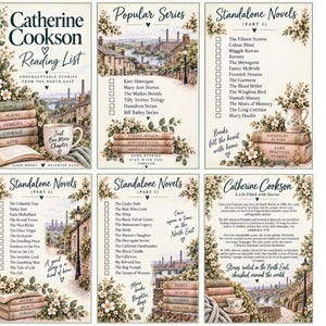 May include: A six-panel Catherine Cookson reading list collection featuring vintage-style illustrations of English landscapes, stacks of books, floral accents, and checklists of novel titles. Each panel includes text, decorative borders, and thematic imagery.