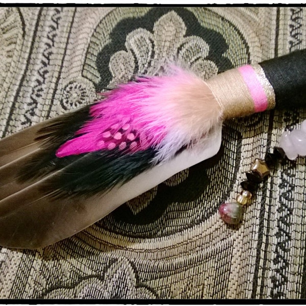 Unique Spirit Totem Smudge Feather Fan Shamanic Altar Tool Healing Gemstones Rose Quartz & Watermelon Tourmaline Cruelty Free