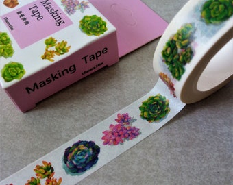 Succulents washi tape - 15mm wide x 10m long - Cardmaking, gift wrapping, wedding favours, DIY craft projects