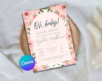 Plantilla de invitación floral para baby shower: personalizable en Canva (descarga digital)