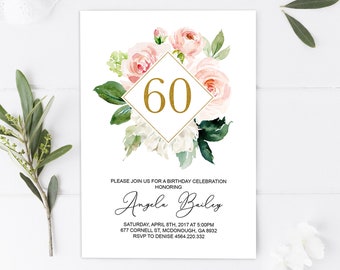 Invitación de cumpleaños número 60, invitación de cumpleaños de mujer, fiesta de cumpleaños sesenta, invitación de brillo dorado de lámina floral para adultos, imprimible