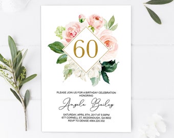 60th Birthday Invitation, Woman Birthday Invitation, Sixty Birthday Party, Adult Blush Floral Foil Gold Glitter Invitation, Printable