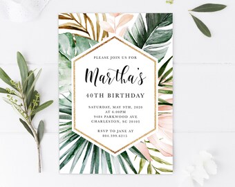 Invitación de fiesta de cumpleaños tropical Greenery Invitación de cumpleaños para adultos Invitación de hoja Custom Gold Pink