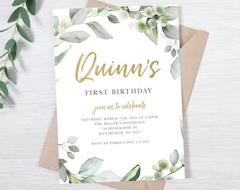 Primera invitación de cumpleaños, Greenery 1st Birthday Invitation, Botanical, Boho, Modern Girl 1st Birthday, Imprimible
