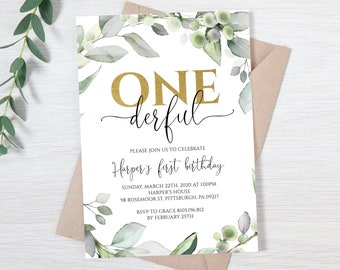 Invitación de 1er cumpleaños de Onederful, Invitación de primer cumpleaños de Greenery Gold, ONE Isn't She Onederful, Girls Birthday Party, Digital imprimible